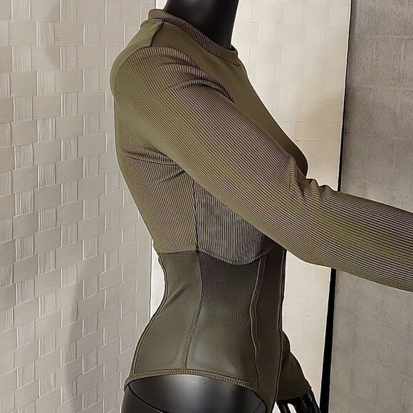 BRAND NEW LONG SLEEVES MESH INSERT HIGH NECK SOLID SHEER THONG SNAP BODYSUIT - Picture 10 of 15